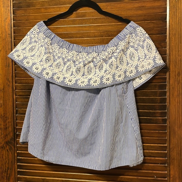 ASOS Blue & White Striped Lace Off Shoulder Top - Picture 2 of 6